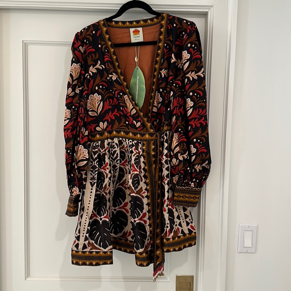 FARM Rio Black, Red & Brown Floral Wrap Dress